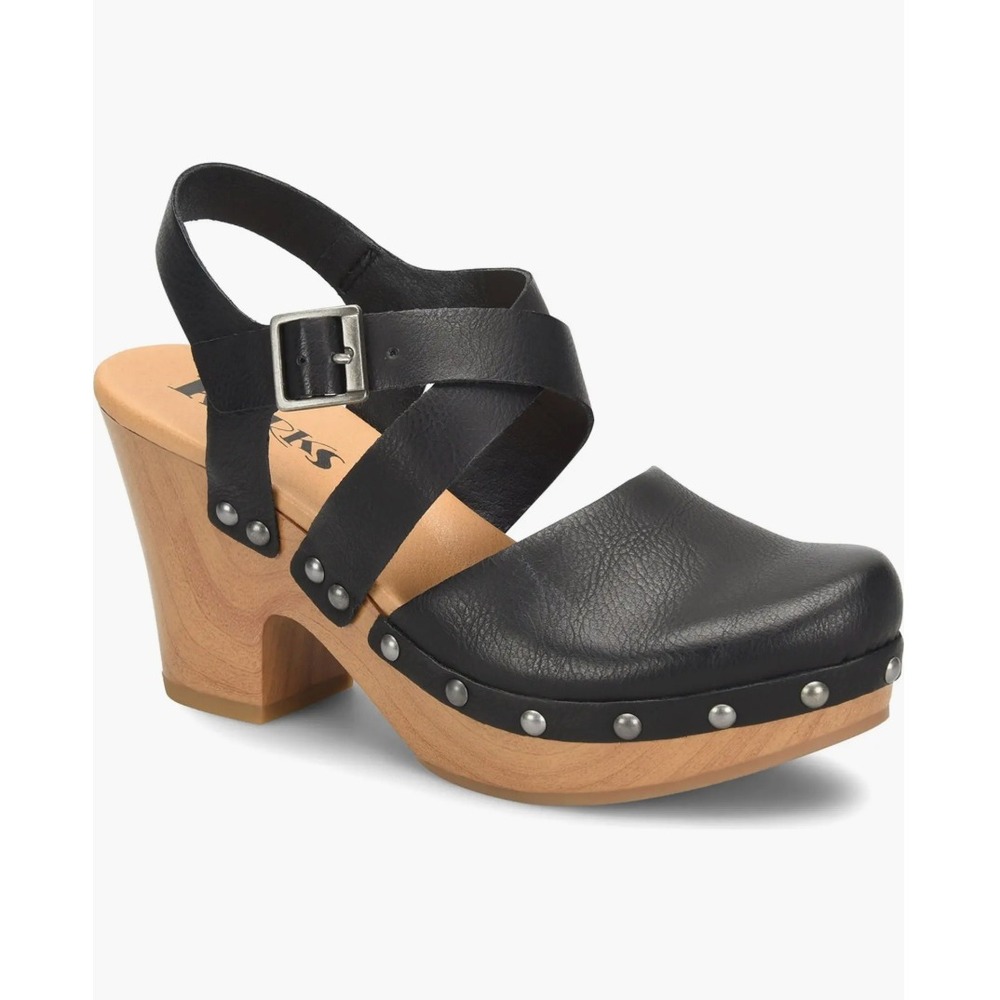 Kork-Ease Black Leather Studded Wooden Heel Clog Mules